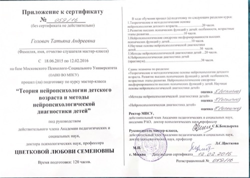Приложение к сертификату нейропсихологии с программой